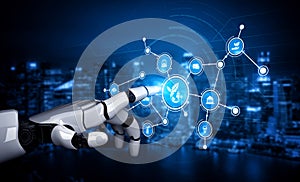 Futuristic Robot Hand Interacting with Digital Interface Representing Smart Technology and Data Connectivity in a High