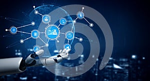 Futuristic Robot Hand Interacting with Digital Interface Representing Technology, Data, and Connectivity in a Modern