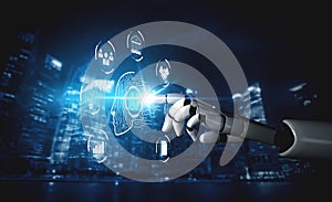 Futuristic Robot Hand Interacting with Digital Interface in a Smart City Environment with Technology, Data Processing