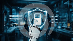 Futuristic robot hand interacting with digital security interface for advanced cybersecurity solutions and data