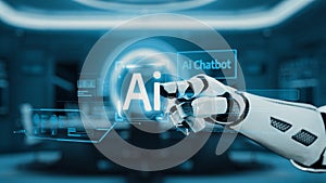 Futuristic robot hand interacting with floating artificial intelligence chatbot interface in a high-tech digital