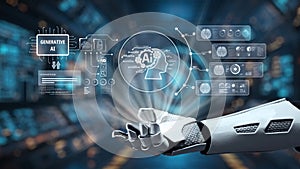 Futuristic Robot Hand Interacting with Generative AI Technologies in a Digital Environment with Data Visualizations and