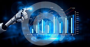 Futuristic robot hand interacting with glowing data visualization, showcasing digital graphs, analytics, technology