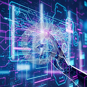 Futuristic Robot Hand Interacting With A Glowing Digital Interface Displaying Complex Data Streams And Circuits