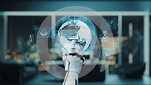 Futuristic Robot Hand Interacting with Holographic Globe Displaying Environmental Concepts and Sustainable Technology in