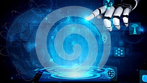 Futuristic Robot Hand Interacting with Holographic Interface and Digital Elements in Abstract High-Tech Environment