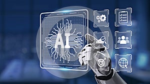 Futuristic robot hand interacting with virtual AI interface icons showcasing technology, data analysis, and artificial