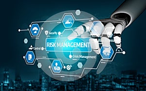 Futuristic Robot Hand Interacting with Digital Risk Management Icons and Interface Representing Security, Control