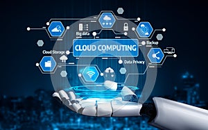 Futuristic Robot Hand Presenting Cloud Computing Concept with Data Privacy, Big Data, Cloud Storage, and Backup Features