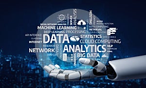 Futuristic Robot Hand Presenting Concepts of Data Science, Machine Learning, Analytics and Cloud Computing with