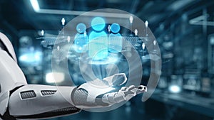 Futuristic Robot Hand Presenting Virtual Human Figures in Digital Environment with Technology and Data Visualization