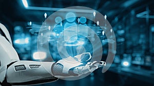 Futuristic Robot Hand Presenting Virtual Human Figures in Digital Environment with Technology and Data Visualization