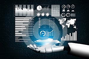 Futuristic Robot Hand Displaying Data Visualizations and Graphs in Digital Environment for Business Analytics Impute