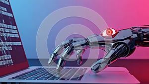 Futuristic robot hand typing on laptop with digital code background
