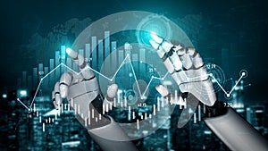 Futuristic robot hands interacting with data visualization in a digital environment, showcasing technology, analytics