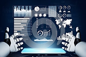Futuristic Robot Hands Interacting with Data Visualization Technology on a Digital Screen Impute