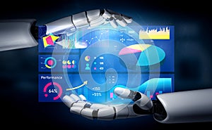 Futuristic Robot Hands Interacting with Data Visualizations and Graphs for AI Technology Insights Impute