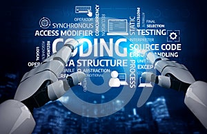 Futuristic Robot Hands Interacting with Digital Code and Development Concepts in a High-Tech Environment for Programming