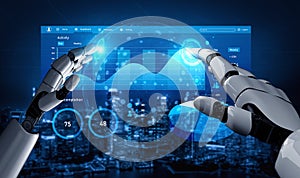 Futuristic Robot Hands Interacting with Digital Data Display and Virtual Interface in Business Environment Impute