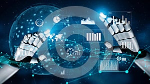 Futuristic Robot Hands Interacting with Digital Data and Graphs Representing Advanced Technology and Analytics in a