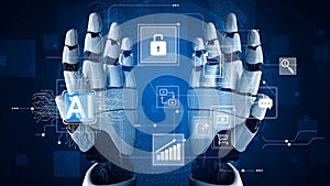 Futuristic Robot Hands Interacting with Digital Icons Representing Artificial Intelligence, Security, Data, Technology