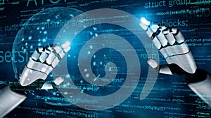 Futuristic Robot Hands Interacting with Digital Interface Representing Artificial Intelligence and Technology in a Cyber