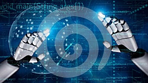 Futuristic robot hands interacting with digital interface, showcasing advanced technology, programming code, and virtual