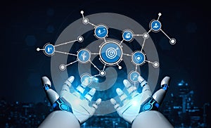 Futuristic Robot Hands Presenting Digital Interface with Icons Representing Technology, Data, and Connectivity in a