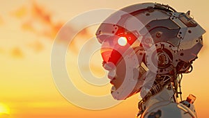 Futuristic Robot Head Against Sunset Sky photo