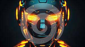 Futuristic robot head with glowing orange eyes