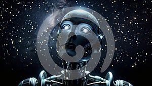 Futuristic Robot Head with Space Background