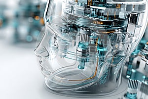 Futuristic Robot Head With Transparent Casing Showcasing Advanced AI Core Technology