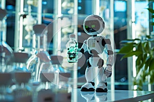 Futuristic robot holding a bottle with a microenvironment in a modern office