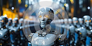 Futuristic robot with human-like features leading an army of androids, symbolizing the rise of artificial intelligence