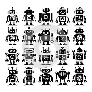 Futuristic Robot Icons in Solid Black Style