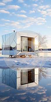 Futuristic Robot-inspired White Mirrored Cottage On A Winter Lake