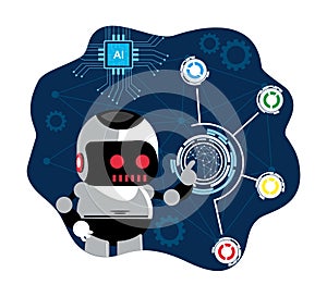 Futuristic robot interacting with Artificial Intelligence interface