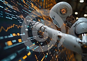 Futuristic robot interacting with a complex digital data screen