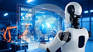 Futuristic robot interacting with digital interface displaying world map and data analysis