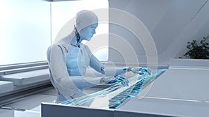 Futuristic robot interacting with digital interface in modern environment