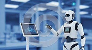 Futuristic Robot Interacting with a Tablet