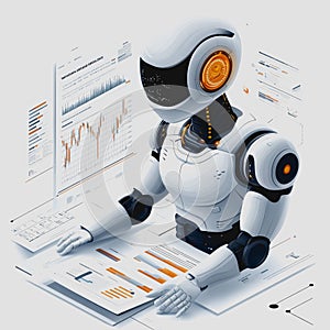 Futuristic robot analyzing data with charts and graphs in a modern workspace, showcasing artificial intelligence and