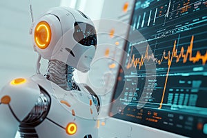 A futuristic robot interacts with a digital interface displaying data and analytics