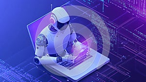 Futuristic Robot Using Laptop AI Digital Technology Programming Concept AI generated.