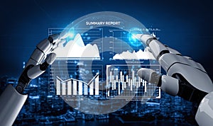 Futuristic Robot Interacting with Data Analytics Dashboard in Digital Environment Impute