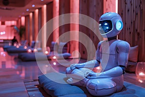 Futuristic robot in meditation pose within a serene spa ambiance with soft lighting