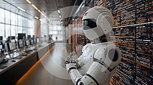 Futuristic Robot in Office Setting â AI Technology at Work in a Modern Corporate Environment