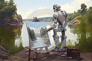 Futuristic Robot painting a natural painting artificial intelligence Ai