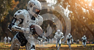 Futuristic Robot Playing American Football at Sunset