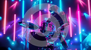 A futuristic robot plays drums energetically under vibrant neon lights with a visually captivating backdrop